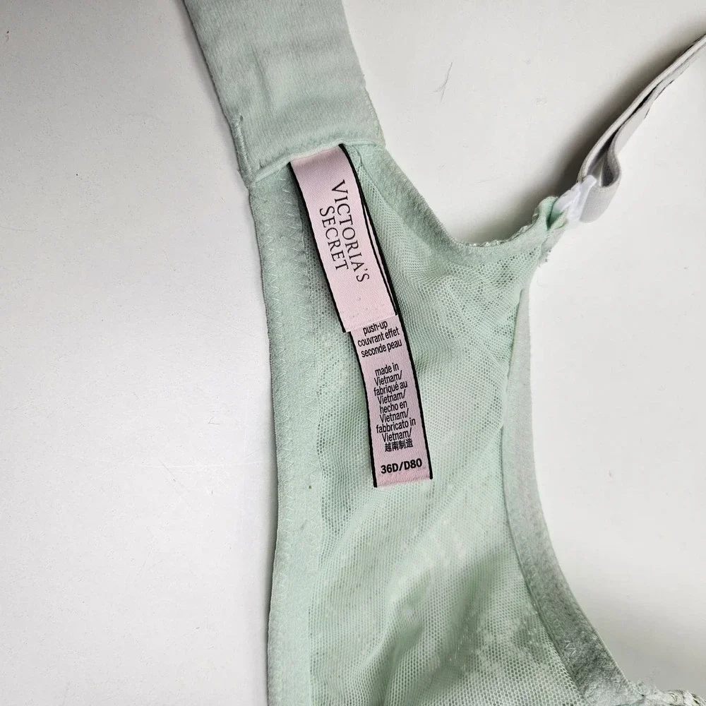 Victoria's‎ Secret T-Shirt Push Up Full Coverage Bra 36D Mint Lace Logo Straps